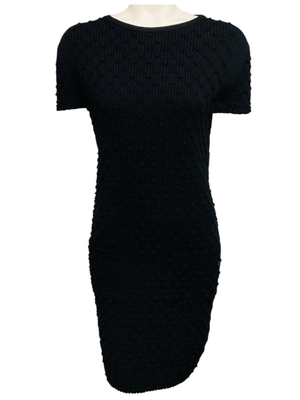 Chanel Black 2018 Textured Cotton Pique Ribbed Knit Short Sleeved Dress with CC